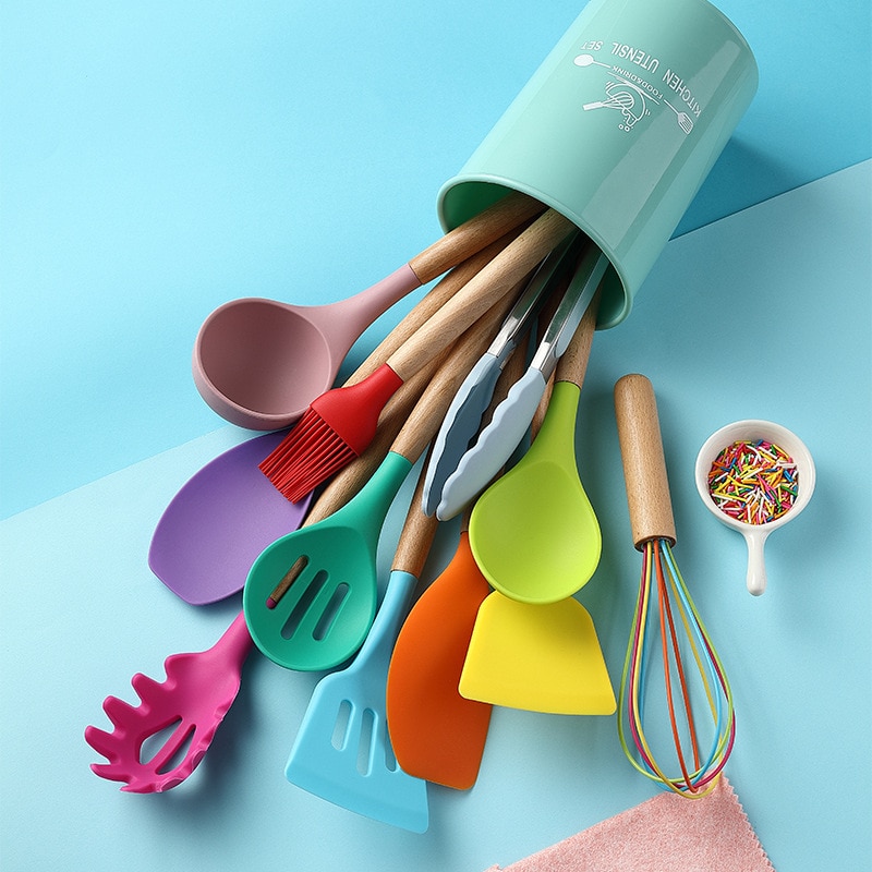 Silicone Cooking Kitchen Utensils Set Non-Stick Spatula Shovel Wooden Handle Cooking Tools Set with Storage Box Kitchen Tool Set