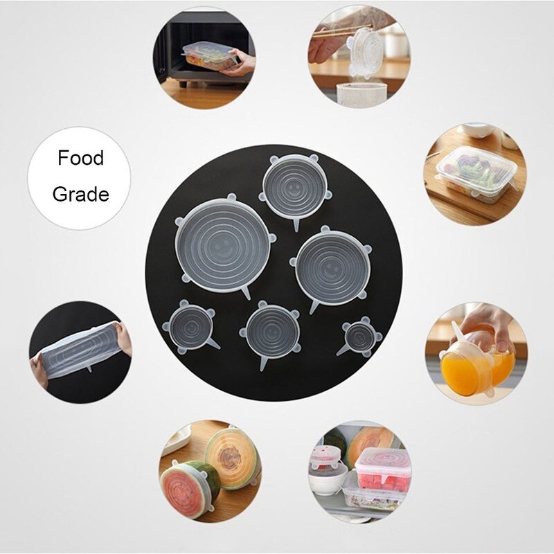 Tapas elásticas de silicona reutilizables para alimentos, tapas universales para utensilios de cocina, tapa para fruta, 6 piezas