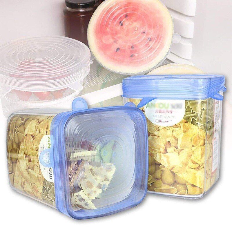 Tapas elásticas de silicona reutilizables para alimentos, tapas universales para utensilios de cocina, tapa para fruta, 6 piezas